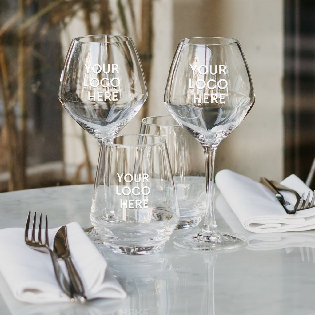 wine glasses with logo etched into them