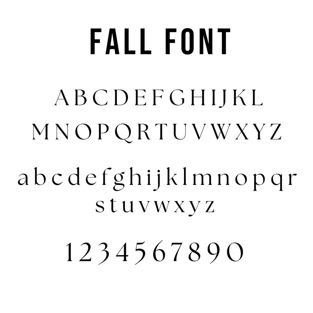 The image showcases a fall-themed font set featuring uppercase and lowercase English alphabets along with the numbers 0 to 9. The bold, sans-serif uppercase letters contrast with the serif-styled lowercase letters and numbers. At the top, "FALL FONT" is perfect for creating a custom Round Acrylic Birthday Sign by Etched Design or a modern photo prop.
