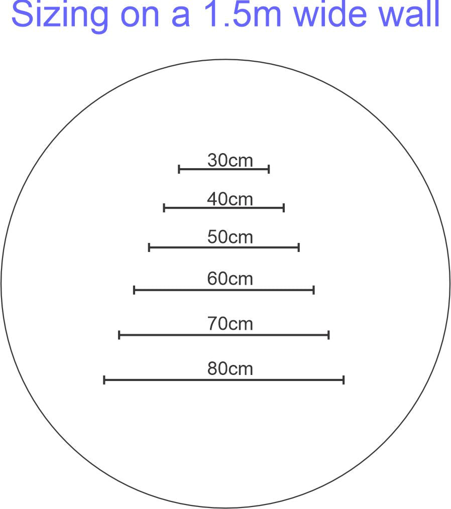 A circle outlines six horizontal lines of varying lengths, labeled from top to bottom: 30cm, 40cm, 50cm, 60cm, 70cm, and 80cm. Perfect for a DIY enthusiast planning acrylic signs or laser cutting projects. The text at the top reads "Sizing on a 1.5m wide wall." Ideal for showcasing with the Name Plaque | Large by Etched Design.