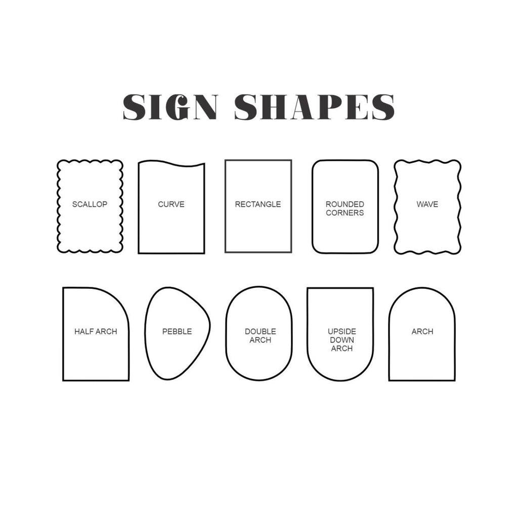 A black and white illustration titled "Sign Shapes" from Etched Design showcases various shapes of the UV Printed Business Sign: Scallop, Curve, Rectangle, Rounded Corners, Wave, Half Arch, Pebble, Double Arch, Upside Down Arch, and Arch. Each shape is outlined with its name below it.