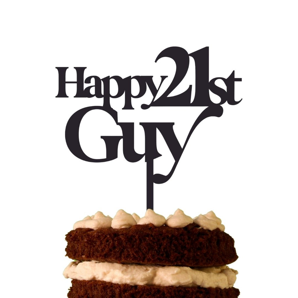 A chocolate layer cake with creamy frosting and a decorative black topper in retro font on a white background that reads "Happy 21st Guy" from the Etched Design collection, named "Happy Custom Name & Age | Guy.