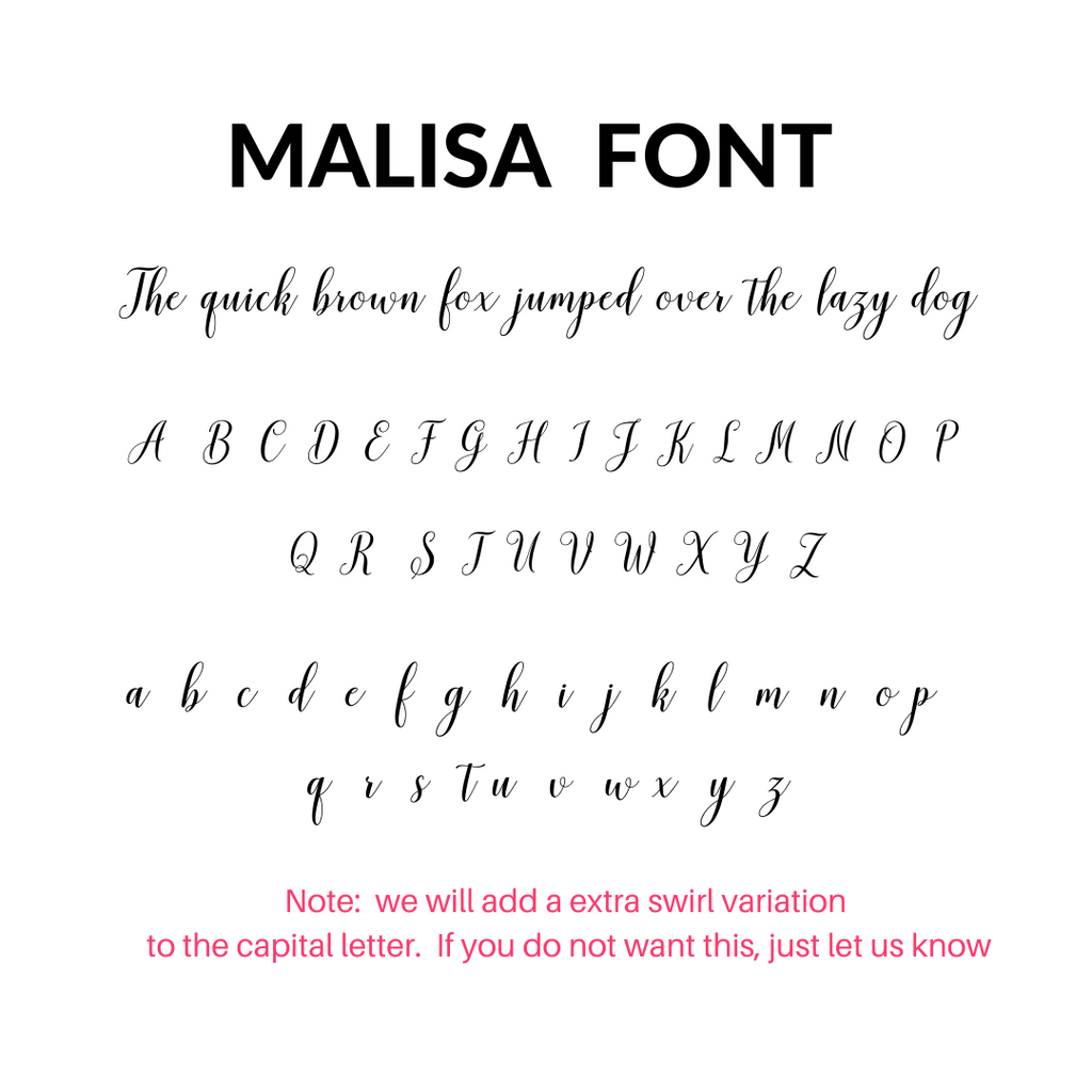 Here's an example of how you could rewrite the sentence using the given product data:

"Etched Design's Name Cake Topper features the Malisa Font character set, displaying uppercase and lowercase alphabets. It includes a sample sentence 'The quick brown fox jumped over the lazy dog'. By default, each capital letter has an added swirl variation, making it perfect for creating a bespoke cake topper.