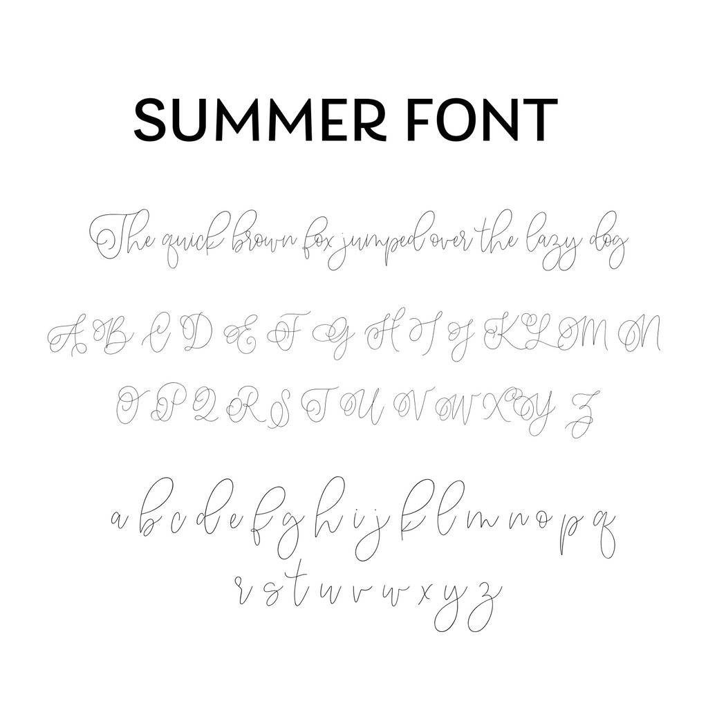 Image displaying the "Script Birthday Cake Topper" from Etched Design. At the top, block letters spell out "SCRIPT BIRTHDAY CAKE TOPPER." Below, various cursive handwriting styles showcase the sentence "The quick brown fox jumped over the lazy dog," followed by the entire uppercase and lowercase alphabet. Perfect for personalized toppers on a birthday cake.